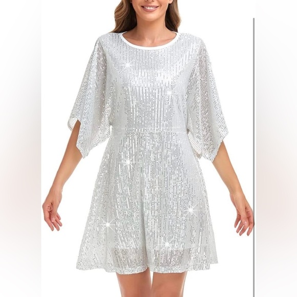 White with silver sequins mini dress —size S - Picture 4 of 9